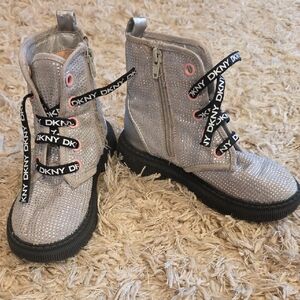 DKNY Shimmering Silver Boots with Black Accents